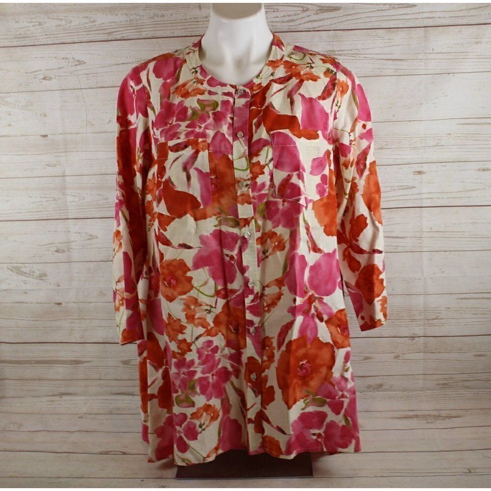 JONES new york M linen floral button down tunic shirt lagenlook